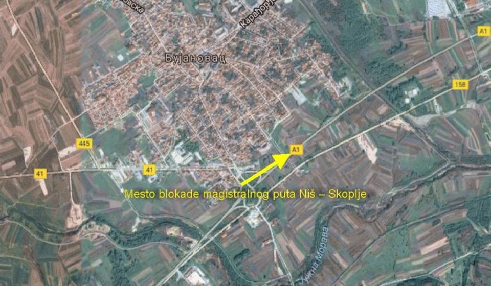 Lokacija blokade magistralnog puta Niš – Skoplje. Foto printscreen Google Earth