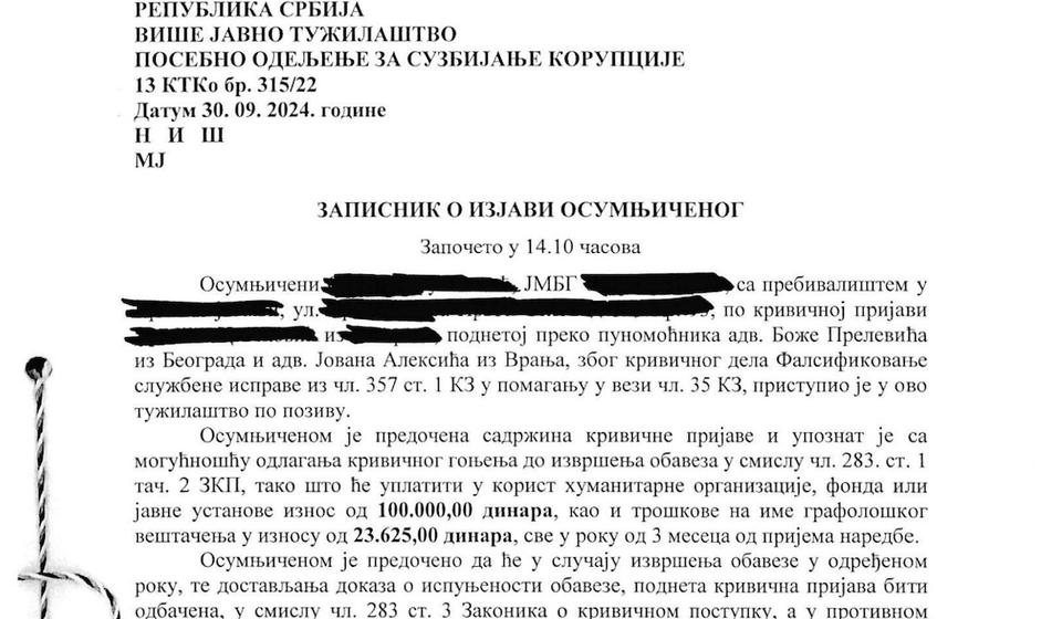 Izvod iz zapisnika o izjavi osumnjičenog. Foto printscreen dokumenta VJT u Nišu