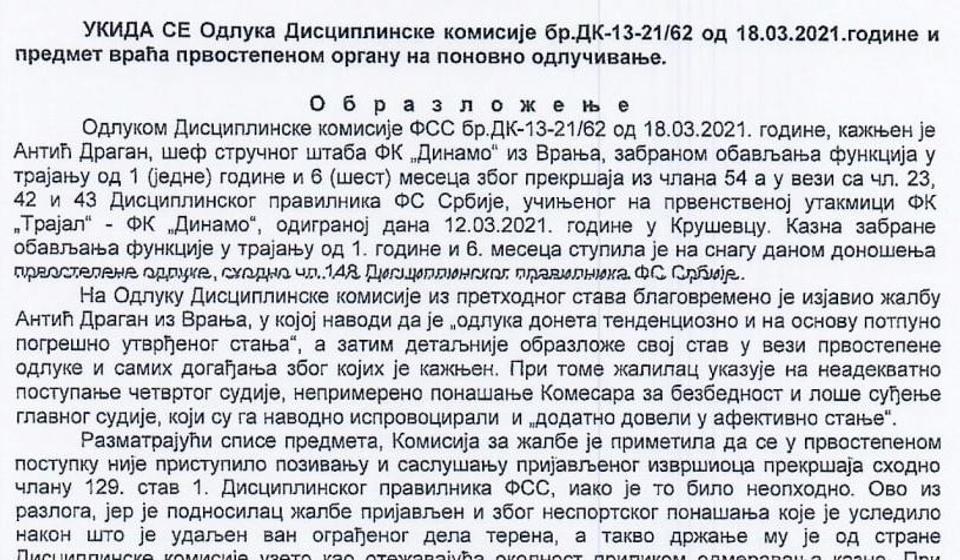 Odluka o ukidanju suspenzije Antiću. Foto printscreen