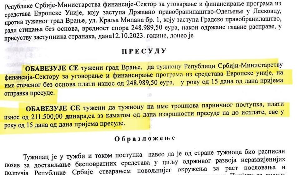 Foto printscreen presude Višeg suda u Vranju (izvor S.P)