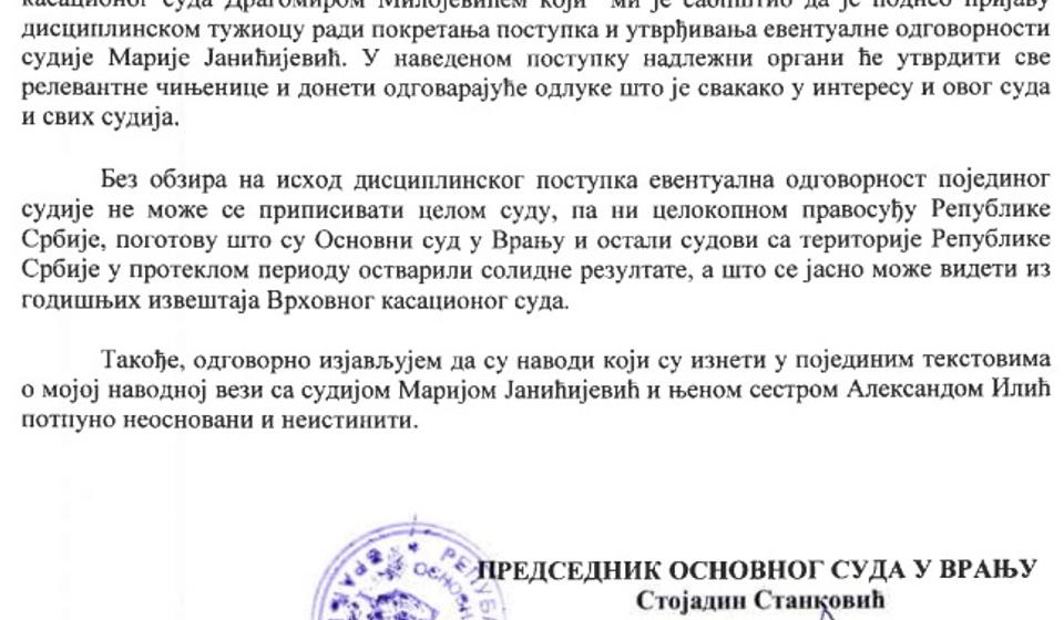 Screenshot Stankovićevog saopštenja