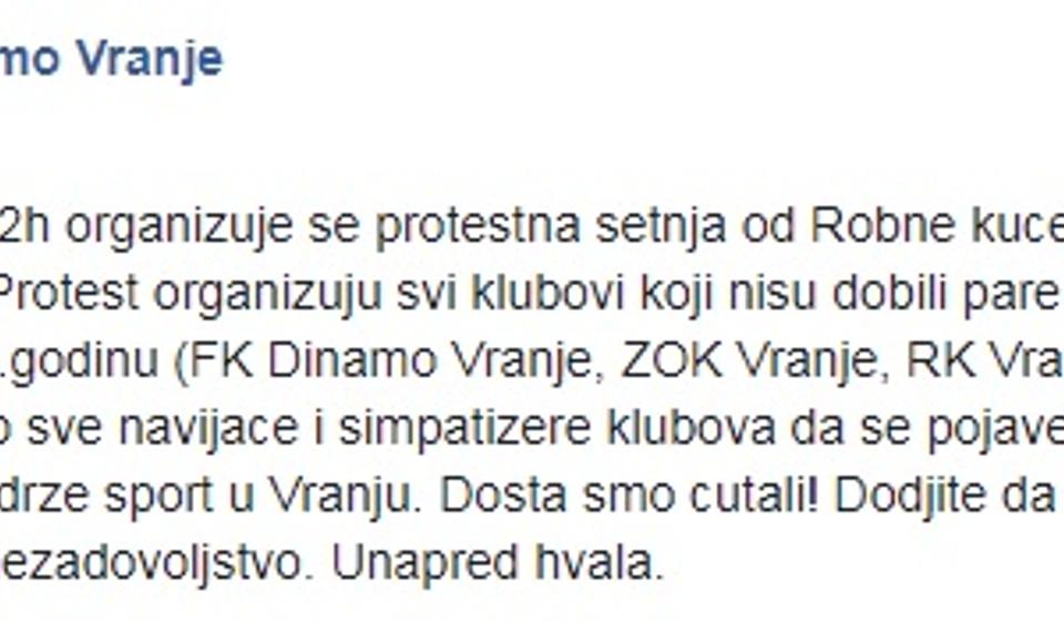 Dosta ćutanja! Poziv na skup iz FK Dinamo. Screenshot Vranjenews