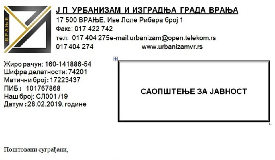 Screenshot saopštenja JP Urbanizam i izgradnja