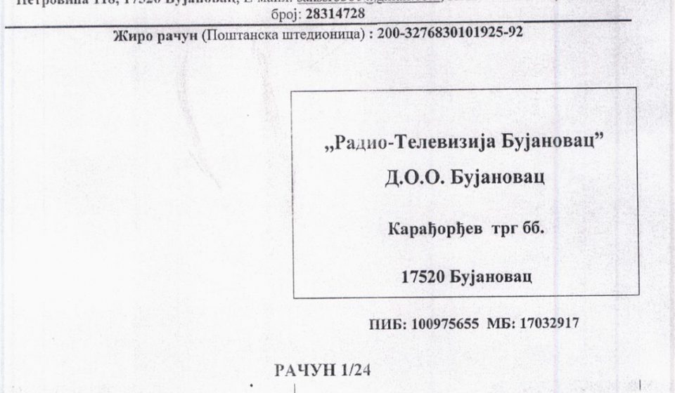 Radio televiziji Bujanovac Zorana Veličkovića Zuje 2024. godine fakturisao 240.000 za IT usluge koje valjda obavio medij Srbinfo.rs u vlasništvu Tasićevpg novinarskog udruženja SANS. Foto printscreen računa SANS-a