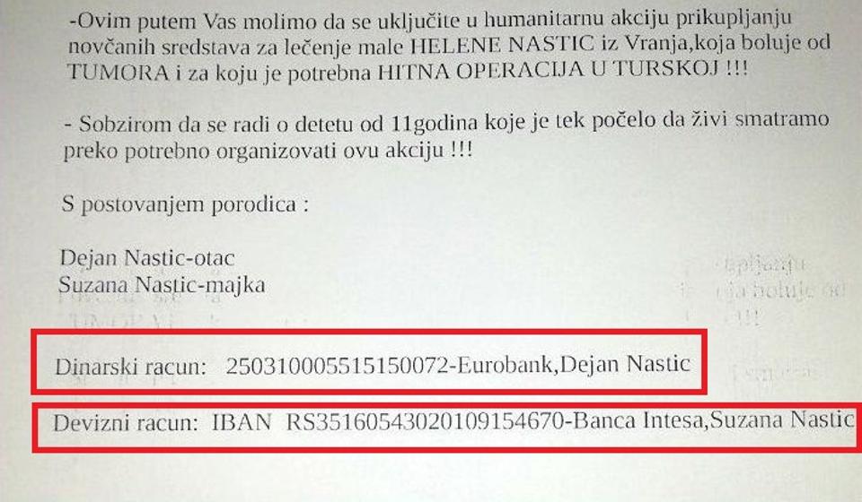 Molba Heleninih roditelja za pomoć. Foto printscreen 