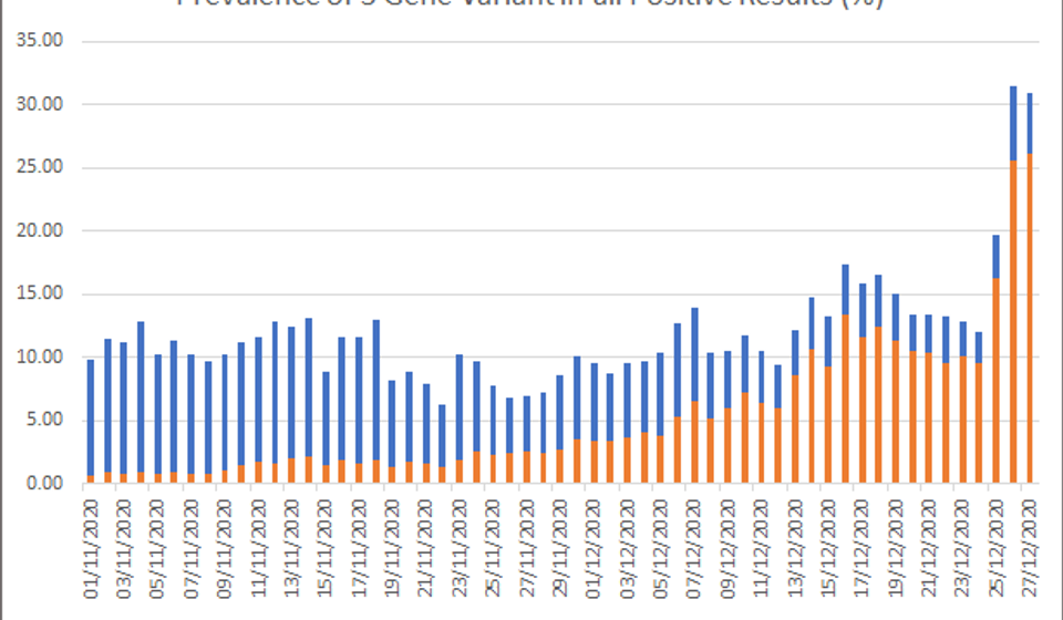 Zastupljenost najnovije mutirane verzije koronavirusa u okviru svih rezultata testova (narandžasto). Izvor: MK Lighthouse lab. 