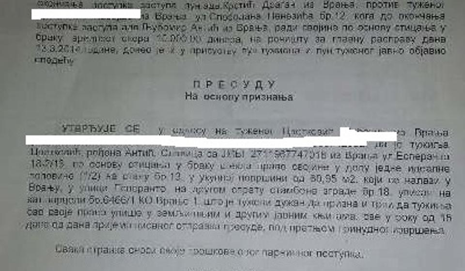 Dokaz o vlasništvu Cvetkovićeve nad polovinom stana. Foto Printscreen