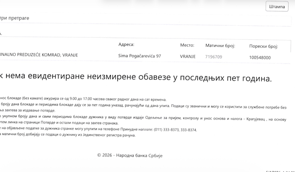 Kažu da nikada nisu bili u blokadi: iz Komrada dostavili dokument sa sajta Narodne banke. Foto printscreen NBS