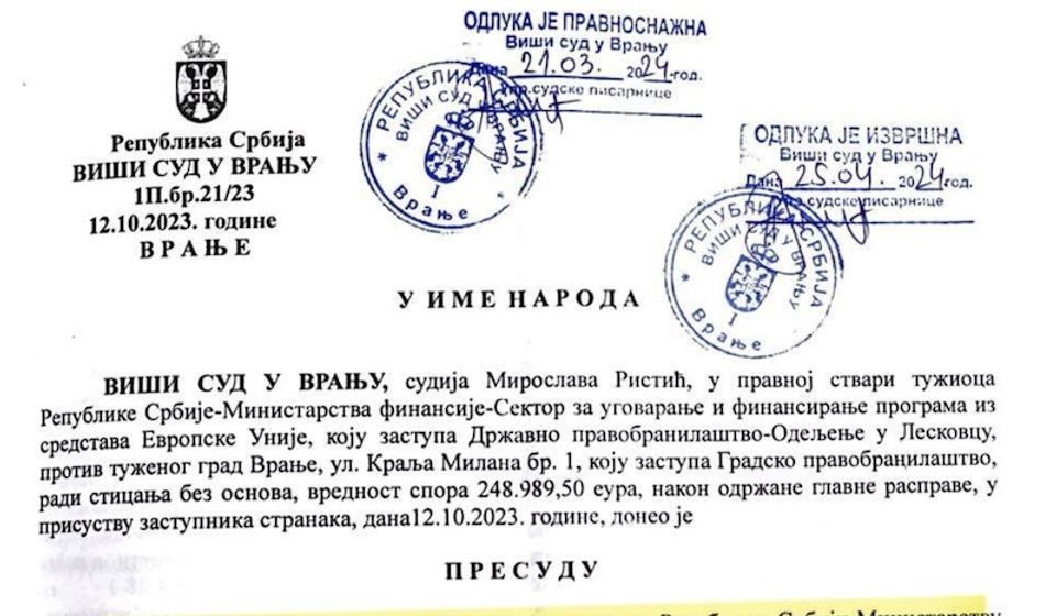 Foto printscreen izreke presude Višeg suda u Vranju