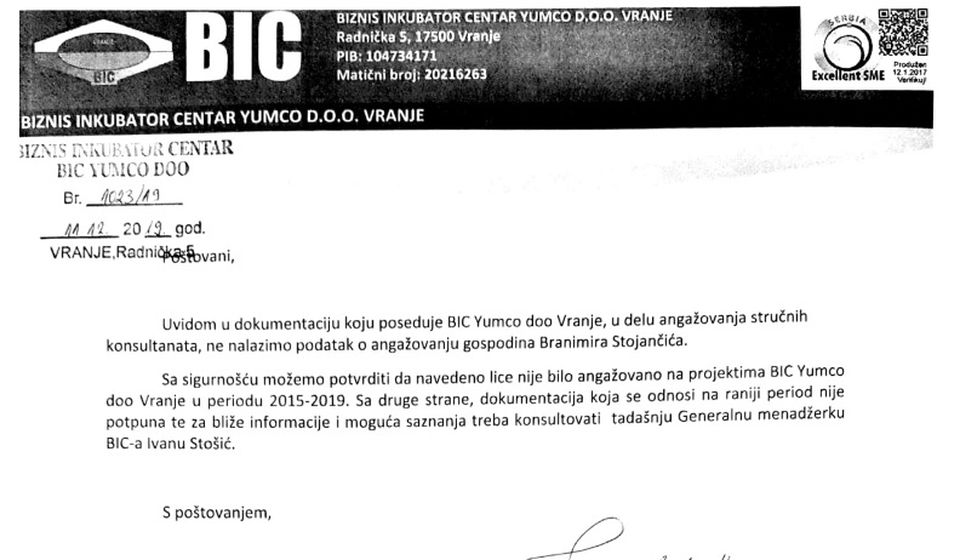 BIC negirao islatu honorara Stjančiću u period 2015 - 2019. Foto printscreen