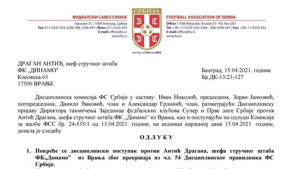 Odluka FSS o pokretanju ponovljenog postupka protiv Antića. Foto izvor Foto prinstscreen dela odluke FSS. Foto izvor hotsport.rs