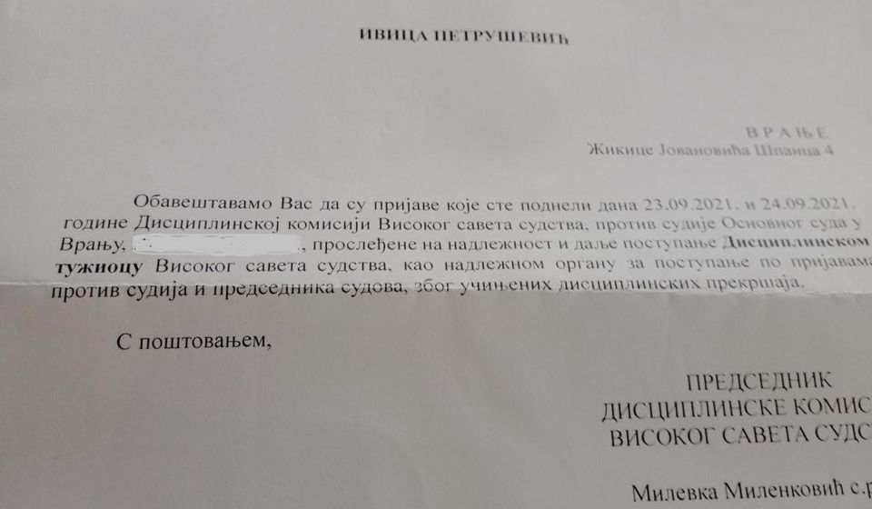Odgovor iz VSS na Petruševićevu pritužbu. Foto printscreen Vranje News (klik na sliku za uvećanje)