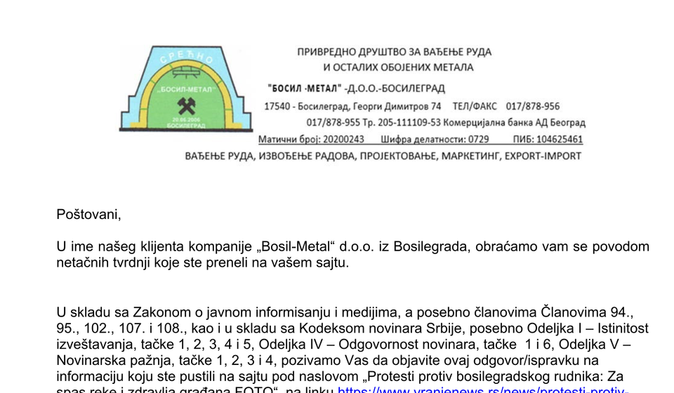 Odgovor/ispravka Bosil metala. Foto printscreen