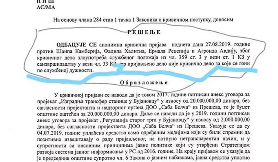 Izreka rešenja o odbačaju prijave. Foto printscreen