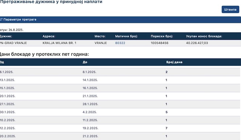 Račun blokiran na 40,2 miliona po osnovu prinudne naplate. Foto printscreen NBS (klik na dokument za puni prikaz)
