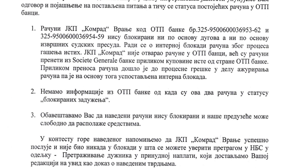 Odgovor Komrada na pitanja redakcije Vranje news. Foto printscreen Komrad