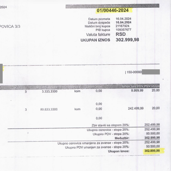 Sve su to čari scenografije: tri televizora za 303.000 dinara. Foto printscreen računa Vranjske plus doo za izradu scenografije u studiju
