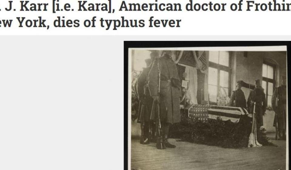 Doktor Džon Kara iz Frotingamove misije umro je od tifusa 27. februara 1915. u Skoplju (kopija, klik na fotografiju za puni prikaz). Foto arhiva Tomislava R. Simonovića