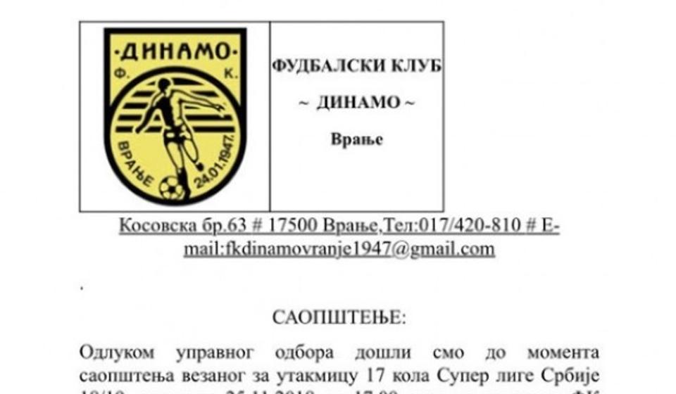 Izvod iz saopštenja UO FK Dinamo. Foto Printscreen (klik na saopštenje za uvećanje)