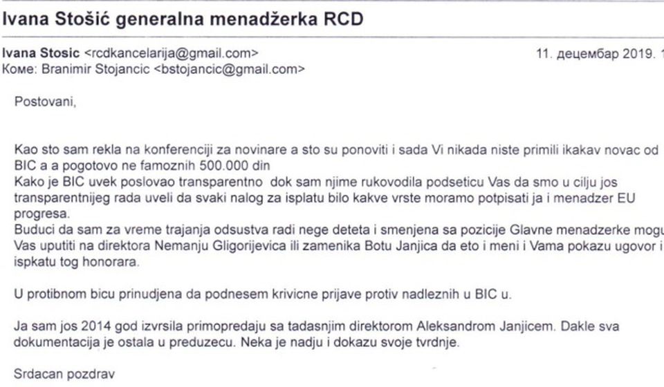 Dopis Ivane Stošić kojim se negira isplata honorara Stojančiću. Foto printscreen
