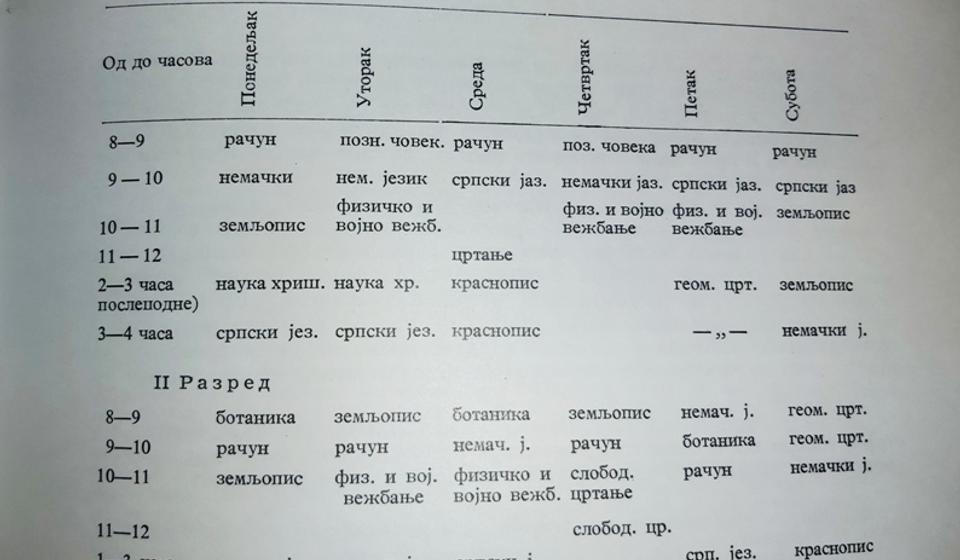 Raspored časova u školskoj 1881-1882. godini. Foto printscreen Vranje News