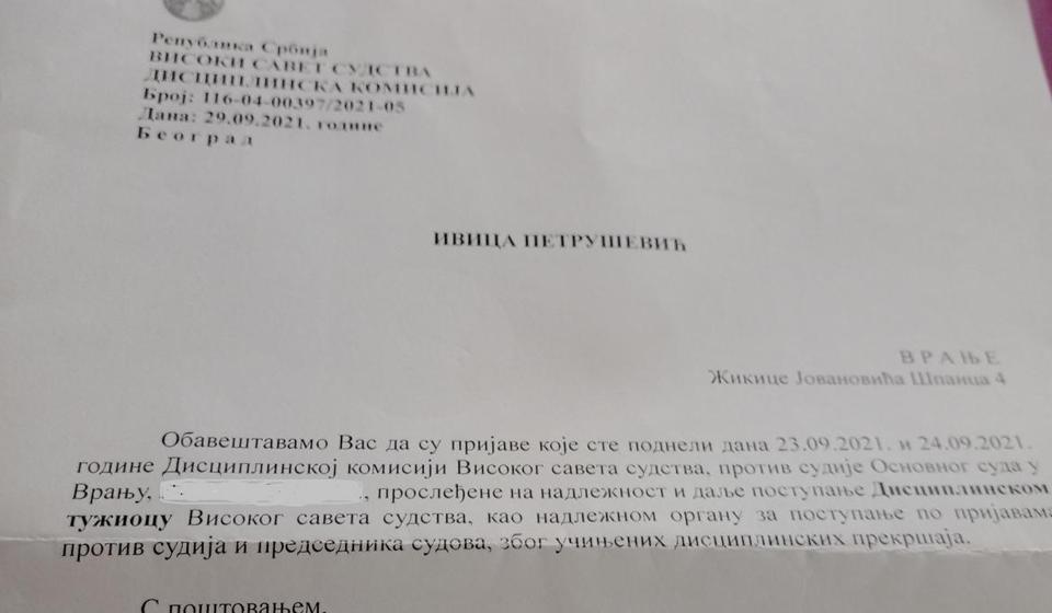 Odgovor iz VSS na Petruševićevu pritužbu. Foto printscreen Vranje News (klik na sliku za uvećanje)