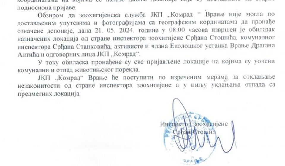 Informacija koju je sačinio komunalni inspektor (klik na dokument za puni prikaz). Foto prinrscreen