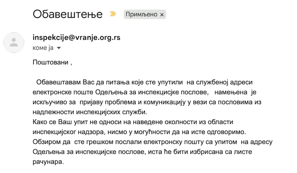 Nepotpisani odgovor iz Odeljenja za inspekcijske poslove. Foto printscreen elektronske pošte