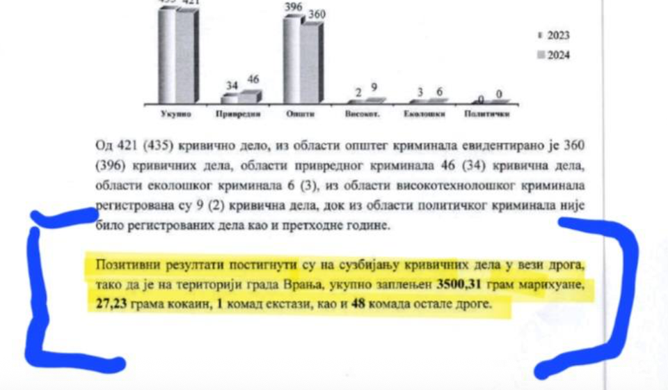 Foto printscreen dokumenta Informacija o stanju kriminala na području grada Vranja u 2024. godini