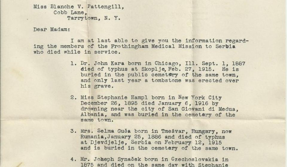  Pismo Aloisa Bokuslava Koukola Blanši Patengil o lekarima i setrama iz Frotingamovih msija koji su umrli u Srbiji februara 1915 (klik na pismo za puni prikaz). Foto arhiva Tomislava R. Simonovića