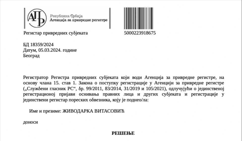 Registraciona prijava Portala Koštana doo u APR-u. Foto printscreen dokumenta APR (klik na dokument za puni prikaz)