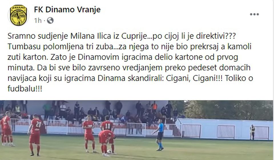 Iz Dinama se žale na suđenje i ponašanje domaćih navijača. Foto printscreen FK Dinamo (Fejsbuk)