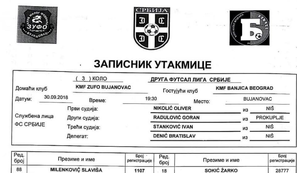 Zapisnik sa utakmice Zufo - Banjica. Screenshot Bujanovačke