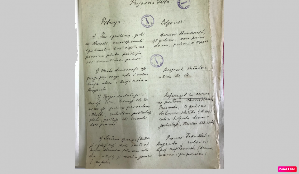 Bora Stanković, referent crkvenih poslova Ministasrtva prosvete, po povratku iz internacije 14. jula 1916. svojeručno je popunio prijavni list. Napisao je da je star 42 godine, što ukazuje da je rođen 1874. Foto arhiva T.R.S.