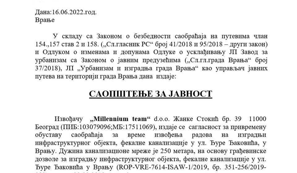 Foto printscreen dela saopštenja JP Urbanizam i izgradnja Vranja
