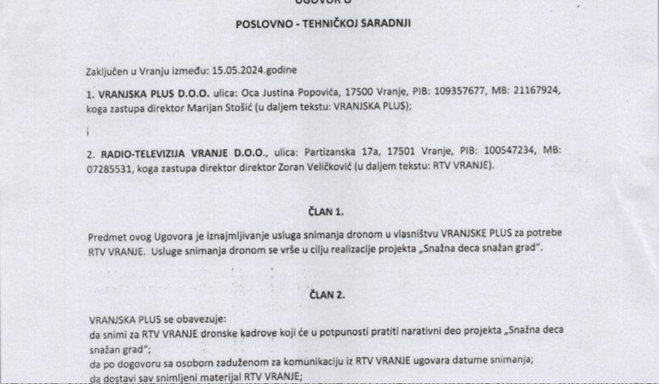 Foto printscreen prve strane ugovora između dve televizije o snimanju kadrova dronom