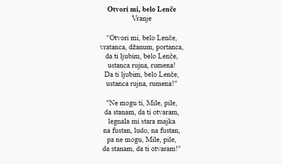 Tekst pesme Otvori mi belo Lenče. Printscreen VranjeNews