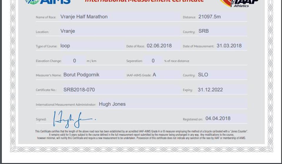 Sertifikat za polumaraton. Screenshot VranjeNews