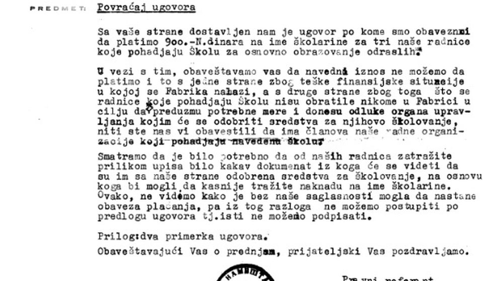 Dopis Fabrike nameštaja Sima Pogačarević Radničkom univerzitetu od 26. januara 1967. u vezi sa regulisanjem školarine za radnice koje su pohađale Školu za osnovno obrazovanje odraslih. Printscreen NU