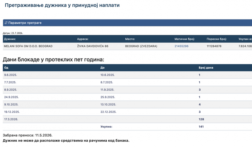Firma je u međuvremenu prebačena na novog vlasnika, ali je dug ostao. Foto printscreen Narodna banka Srbije