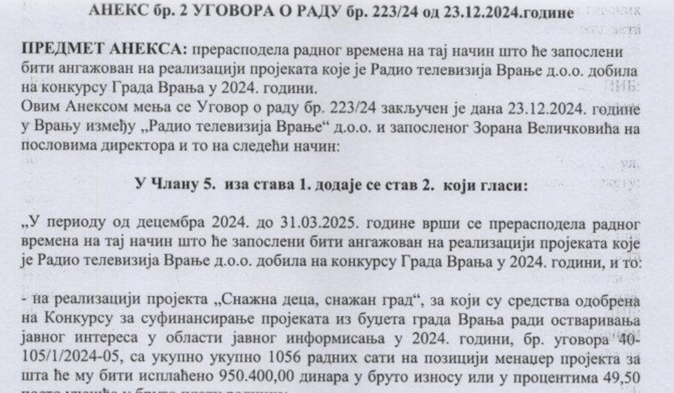 Sebi najviše para. Foto printscreen jednog od aneksa ugovora Zorana Veličkovića Zuje