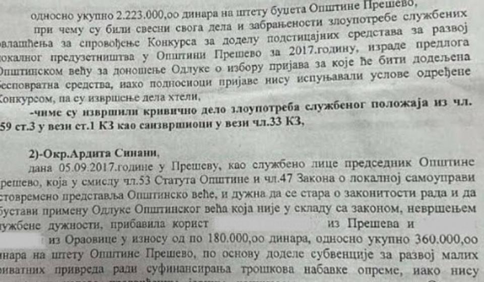 Foto printscreen dela optužnice Vranje News