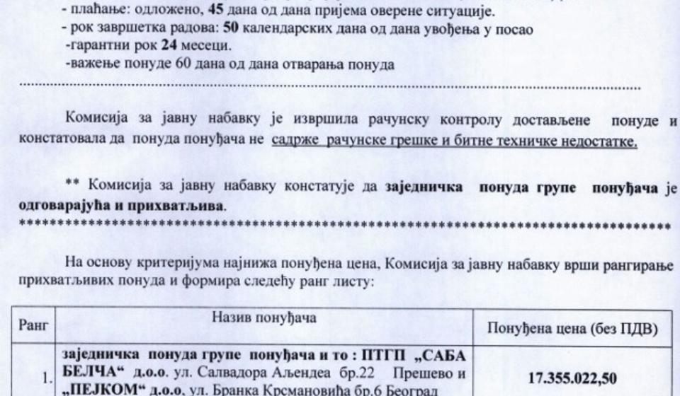 Odluka o dodeli ugovora. Foto printscreen