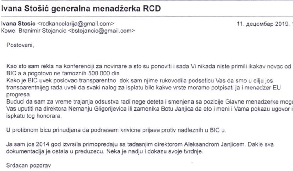 Dopis Ivane Stošić kojim se negira isplata honorara Stojančiću. Foto printscreen