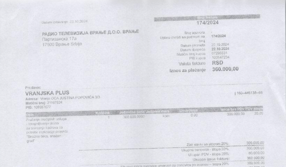 Snimanje dronom fakturisano od Vranjske plus i odmah naplaćeno