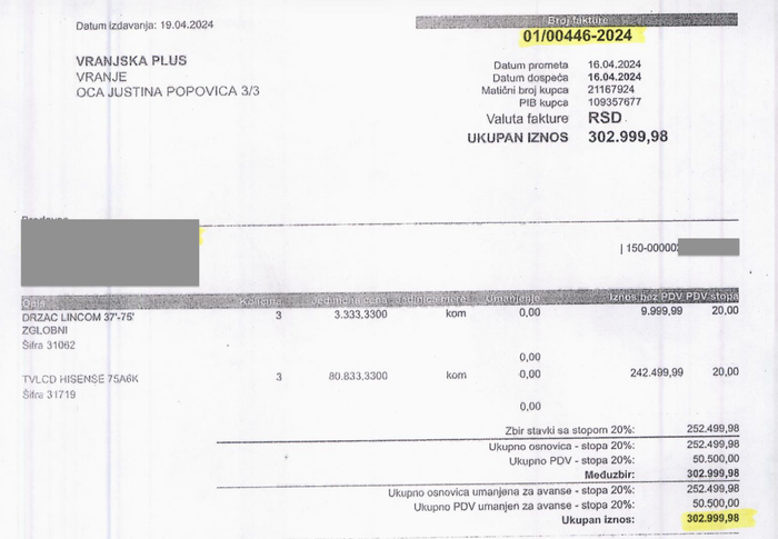 Sve su to čari scenografije: tri televizora za 303.000 dinara. Foto printscreen računa Vranjske plus doo za izradu scenografije u studiju