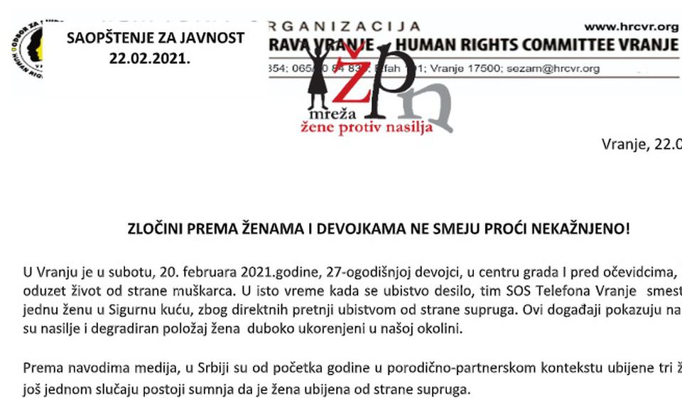 Od 2014. godine u Pčinjskom okrugu ubijeno 13 žena. Foto prinstcreen saopštenja MŽPN
