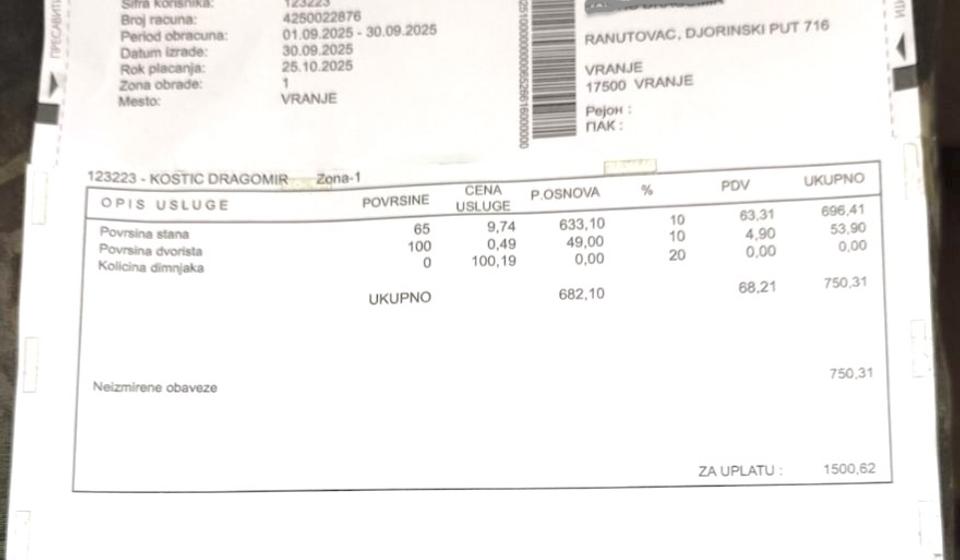 Jedan od računa za iznošenje smeća koji je stigao u Đorince. Foto printscreen V.N.