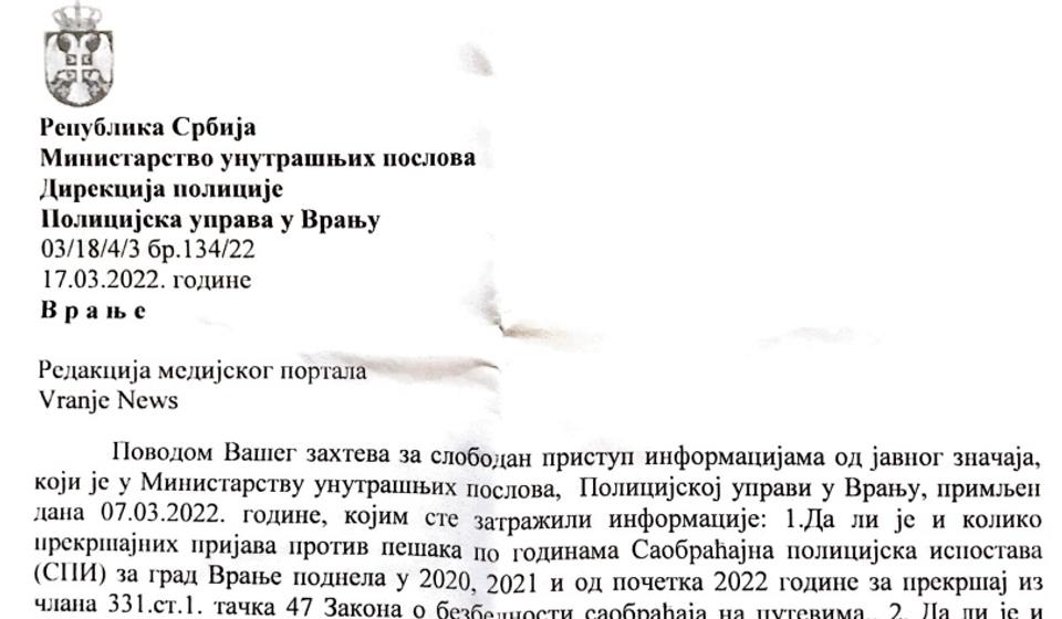 Foto: Kopija dokumenta MUP-a koji predstavlja odgovor na zahtev i pitanja Vranje News-a po Zakonu o dostupnosti informacijama od javnog značaja