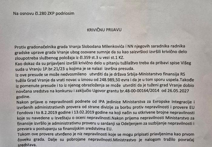Deo krivične prijave protiv gradonačelnika. Foto printscreen S.P.